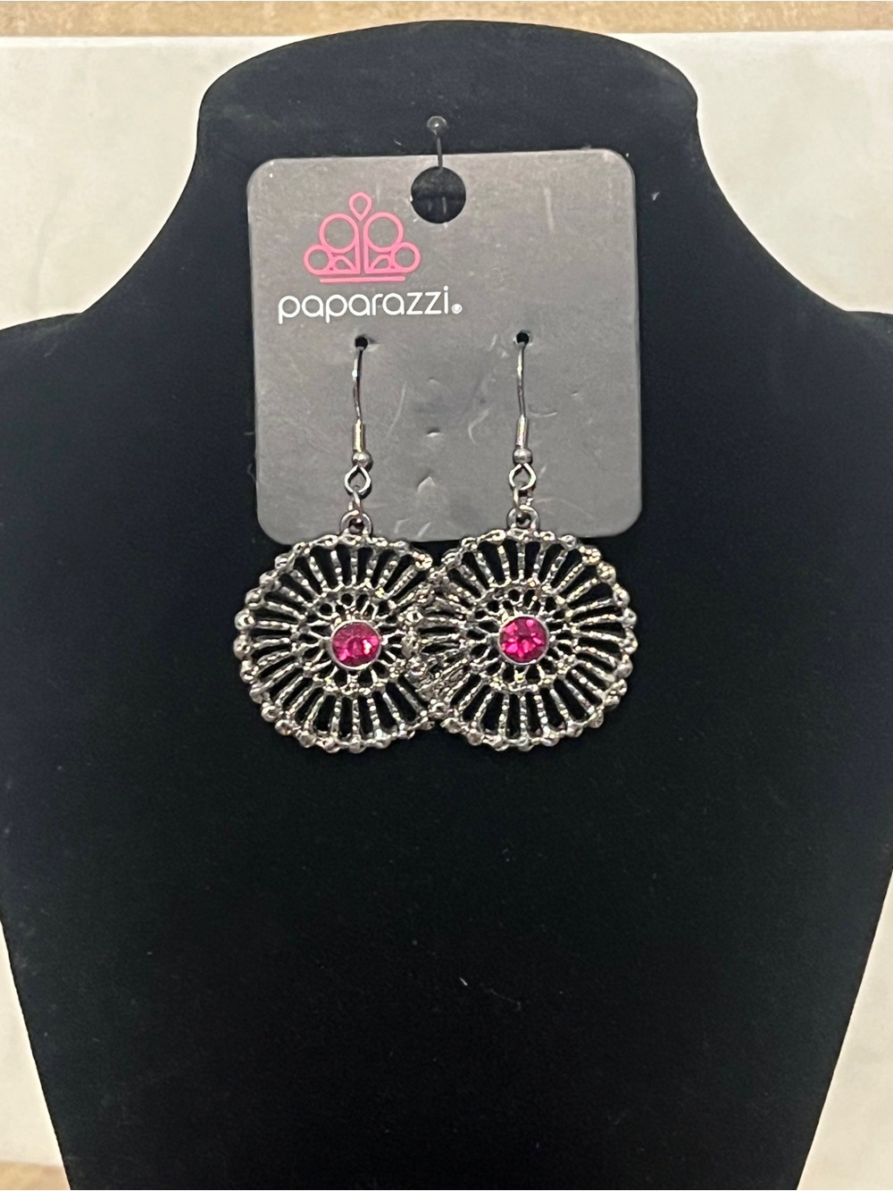 Paparazzi Silver Filigree Disc Earrings with Hot Pink Center